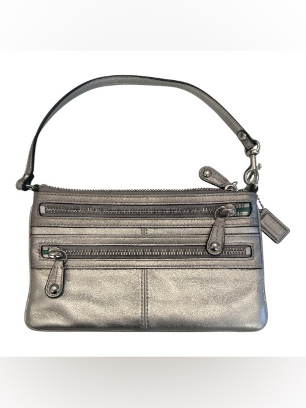 Coach | Metallic Silver Leather Wristlet / Small Bag / Clutch